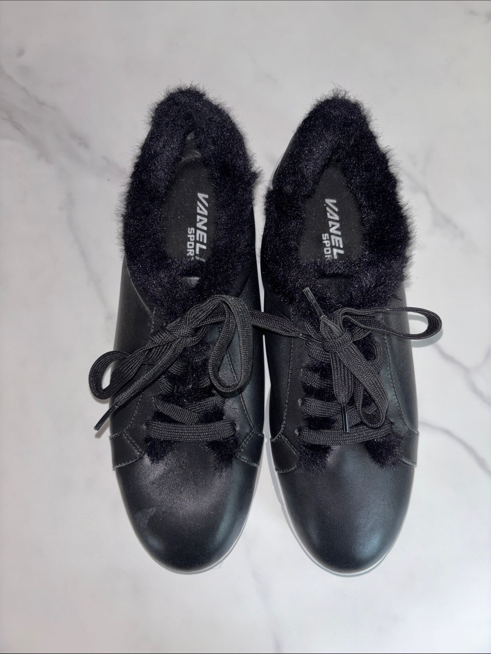 Vaneli Sport Black Faux-Fur Lace-Up Sneakers